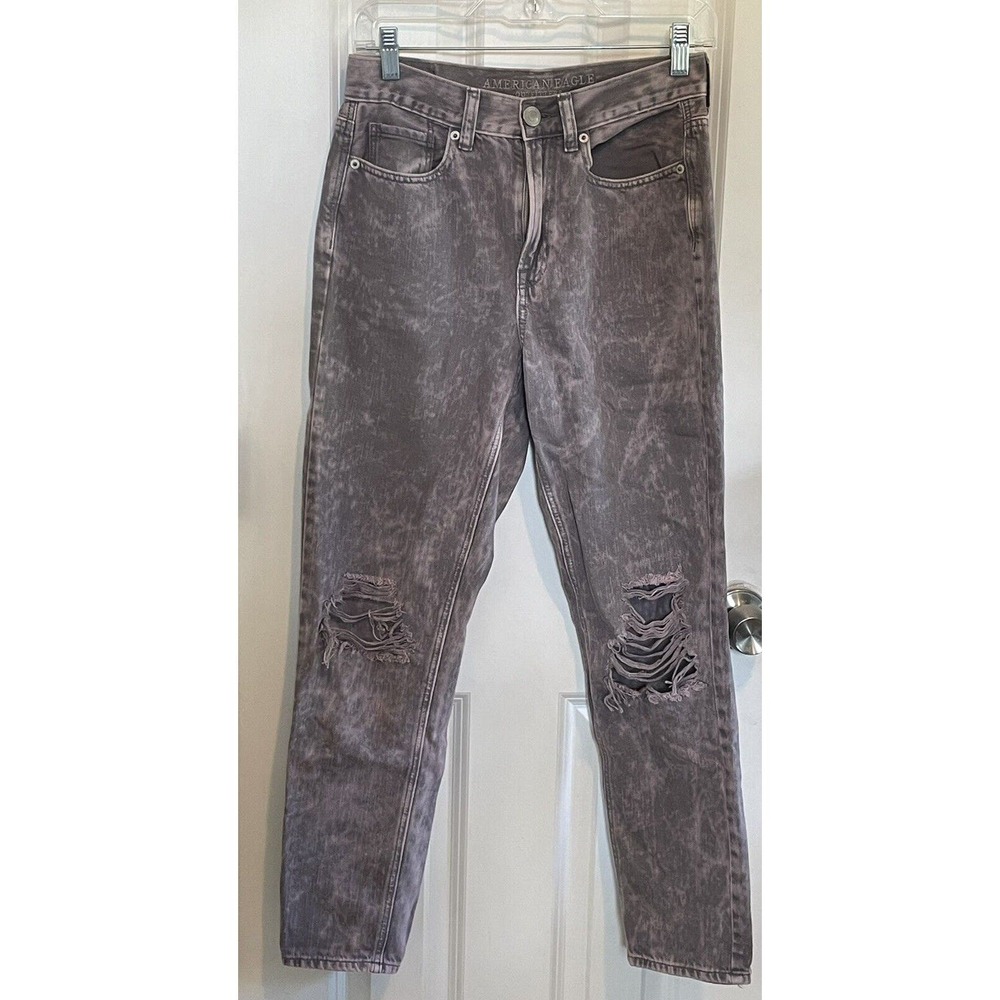 American Eagle Size 2 AE Mid Rise Mom Jeans Purple Wash Distressed Ripped Pants